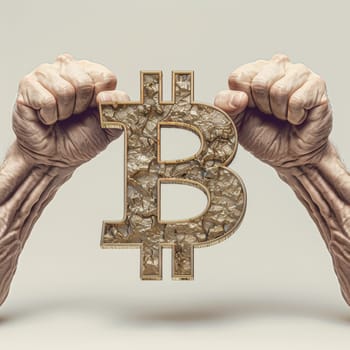 A representation of Bitcoin as a weathered gold sculpture, gripped by strong hands, evokes the enduring value and history of this pioneering cryptocurrency. Essence of Bitcoin's journey and impact