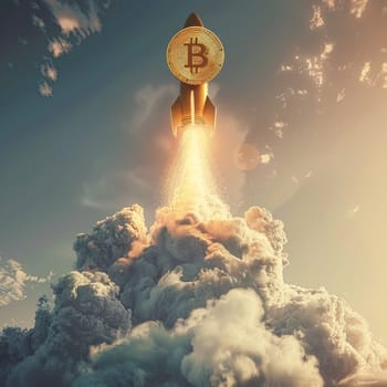 A symbolic Bitcoin rocket soars through clouds, representing a surge in cryptocurrency value. The imagery evokes the dynamic and explosive growth potential of digital currencies