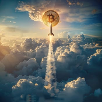 The metaphor of Bitcoin's price soaring, with a rocket emblazoned with the Bitcoin logo piercing through cloud-covered skies. It epitomizes the cryptocurrency's meteoric rise and potential