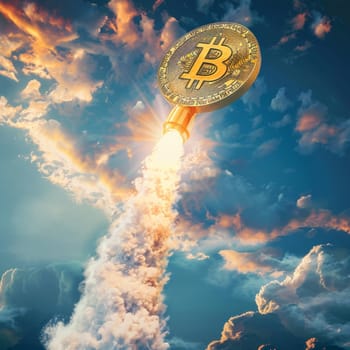 A golden Bitcoin coin is mounted on a rocket engine, blazing through a dramatic sky, perfectly illustrating the explosive growth and powerful thrust of cryptocurrency in the global market