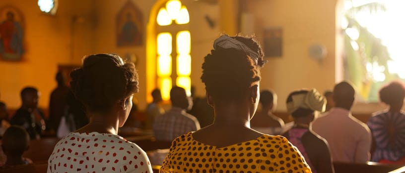 The golden hour casts a warm hue over a church congregation, with silhouetted figures facing the altar, a moment of communal prayer and worship is highlighted by the vibrant stained glass