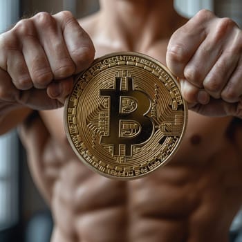 The flexed arms and clenched fists of a muscular figure holding a Bitcoin symbolize the dynamic and ever-changing nature of the cryptocurrency market. Flexing of financial muscle in the digital age