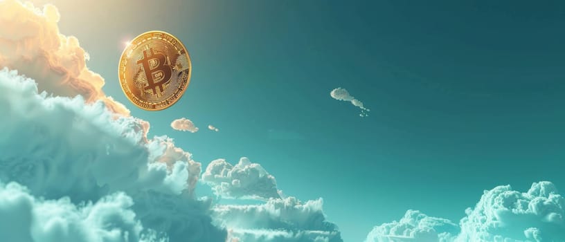 In a wide panoramic view, a singular Bitcoin coin glides across a serene blue sky with fluffy clouds, symbolizing a calm yet steady climb in the financial realm of digital currencies