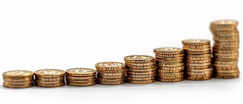 The gradient stack of Bitcoin coins creates a visual metaphor for the stratified nature of cryptocurrency investments and their potential for growth