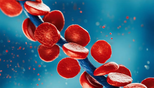 Close-up of red blood cells flowing in a blood vessel. Research concept.
