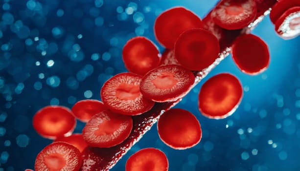 Close-up of red blood cells flowing in a blood vessel. Research concept.