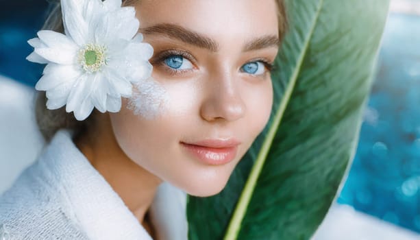 Portrait of beautiful woman with healthy glow perfect smooth skin holds tropical leaf, look into the hole of green paper. Young girl enjoys cream facial mask. Fashion, beauty, skincare concept.