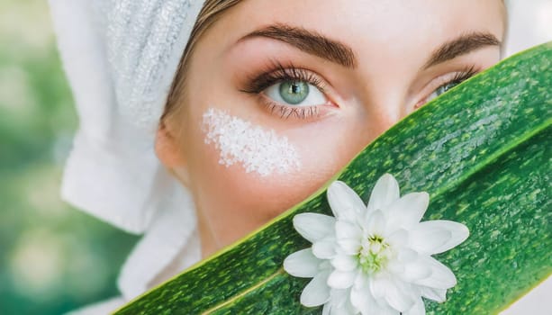 Portrait of beautiful woman with healthy glow perfect smooth skin holds tropical leaf, look into the hole of green paper. Young girl enjoys cream facial mask. Fashion, beauty, skincare concept.
