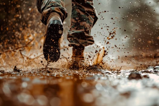 Brown military boots on mud and puddle. Close-up of military boots on mud and puddle.  Boots on the ground. AI generated