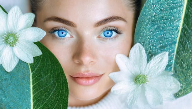 Portrait of beautiful woman with healthy glow perfect smooth skin holds tropical leaf, look into the hole of green paper. Young girl enjoys cream facial mask. Fashion, beauty, skincare concept.