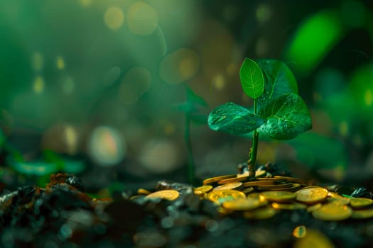 A small tree that grows on a pile of money on the ground. The concept of financial growth and business success. AI generated