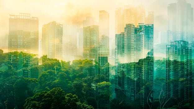 Green environment concept, double exposure of city buildings and green forest lush. AI generated