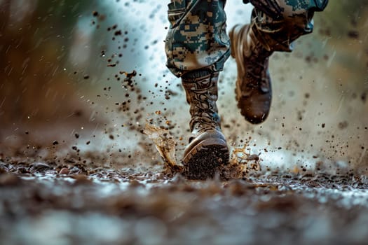 Brown military boots on mud and puddle. Close-up of military boots on mud and puddle.  Boots on the ground. AI generated