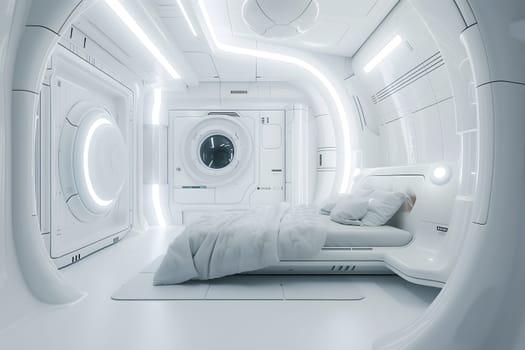 futuristic clean white space station style interior of bedroom. Neural network generated image. Not based on any actual scene or pattern.