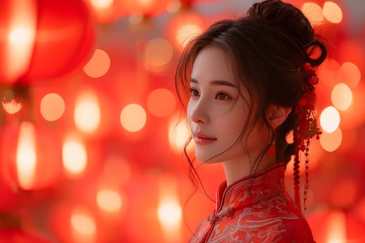Chinese New Year People Concept, Young Chinese Women Wear the red national costume To celebrate Chinese New Year, Generative Ai