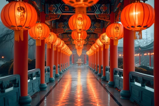 Chinese New Year Concept, Red lanterns hung in various places It is a symbol of prosperity, according to Chinese beliefs, Generative Ai