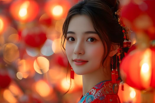 Chinese New Year People Concept, Young Chinese Women Wear the red national costume To celebrate Chinese New Year, Generative Ai