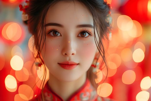 Chinese New Year People Concept, Young Chinese Women Wear the red national costume To celebrate Chinese New Year, Generative Ai