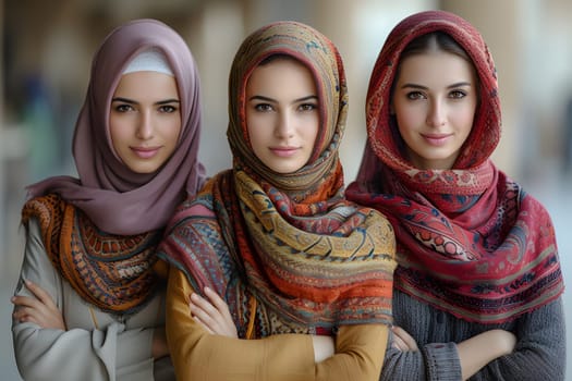 International Women’s Day, Women Day, Middle Eastern women wear hajibs, Stand with their hands crossed, Women who are diverse Inclusive of race and religion, Generative Ai