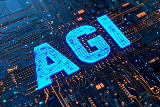 AGI - artificial general intelligence - microchip on black circuit board with orange glow, dedicated AI hardware concept