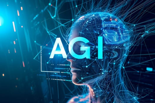 Human head on abstract cybernetic data background with word AGI for Artificial General Intelligence. Neural network generated image. Not based on any actual person or scene.