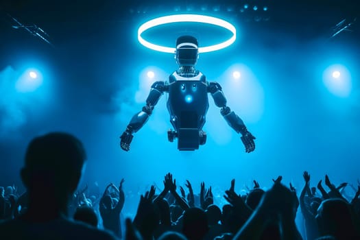 Cyber god in front of their adepts for artificial super intelligence encounter. Neural network generated image. Not based on any actual person or scene.