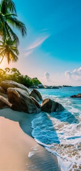 tropical beach view at sunset or sunrise with white sand, turquoise water and palm trees. Neural network generated image. Not based on any actual scene or pattern.