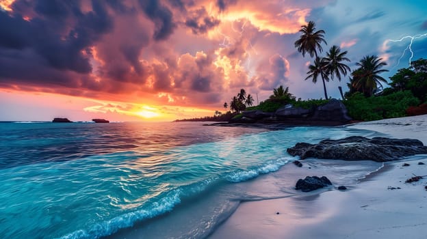 tropical beach view at cloudy stormy sunset with white sand, turquoise water and palm trees. Neural network generated image. Not based on any actual scene or pattern.