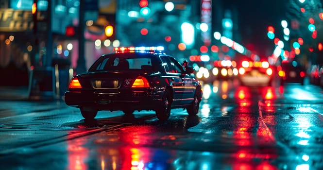 police car lights at night in city street with selective focus and bokeh. Neural network generated image. Not based on any actual person or scene.