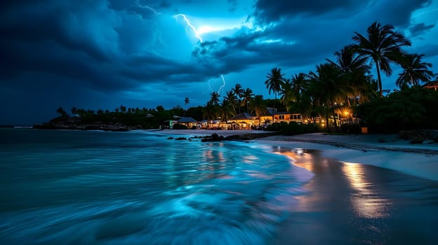 tropical beach view at cloudy stormy night with white sand, turquoise water and palm trees. Neural network generated image. Not based on any actual scene or pattern.