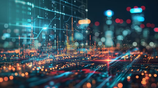 Dynamic Finance Flow, Double Exposure of Data and Technology background. Neural network generated image. Not based on any actual scene or pattern.