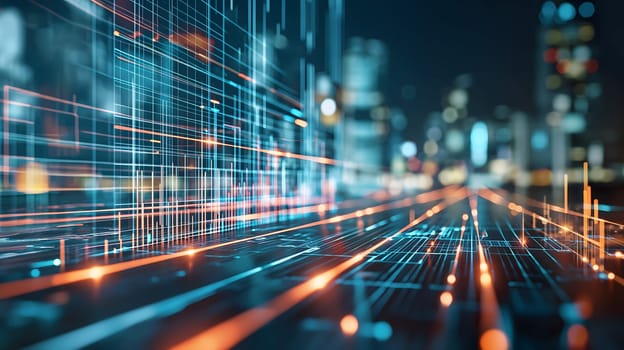 Dynamic Finance Flow, Double Exposure of Data and Technology background. Neural network generated image. Not based on any actual scene or pattern.