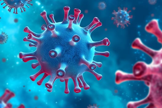 many coronaviruses micro scene background. Neural network generated image. Not based on any actual scene or pattern.