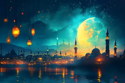 Ramadan mosque with night afterglow sky with crescent. Neural network generated in January 2024. Not based on any actual scene or pattern.