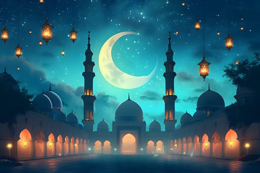 Ramadan mosque with night afterglow sky with crescent. Neural network generated in January 2024. Not based on any actual scene or pattern.