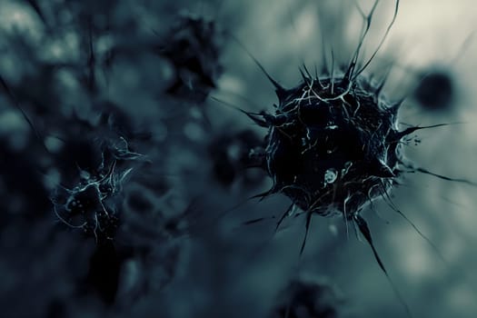 many black coronaviruses micro scene background. Neural network generated image. Not based on any actual scene or pattern.