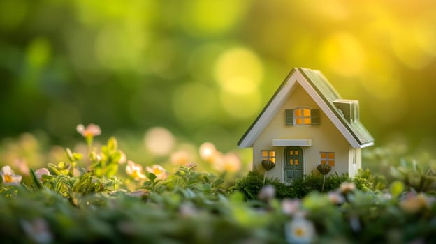 Spring background with a tiny toy house symbolizing family mortgage construction rental and property concepts. Neural network generated image. Not based on any actual person or scene.