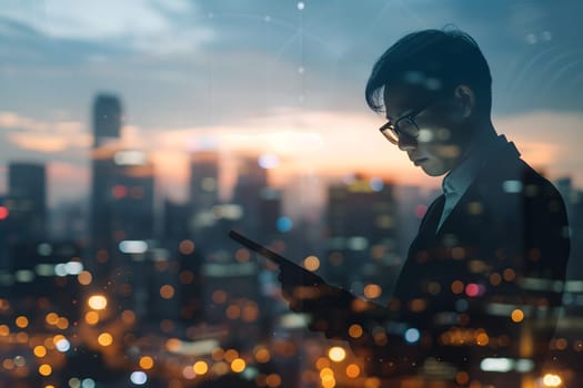 Double exposure of business and a city - Asian businessman using a digital tablet superimposed on a city skyline. Neural network generated image. Not based on any actual person or scene.