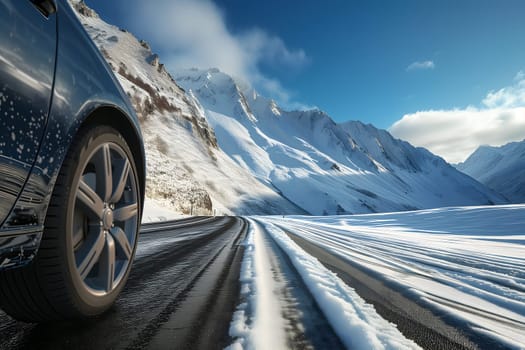 Car traveling with a mountain road at summer day. Neural network generated in January 2024. Not based on any actual scene or pattern.