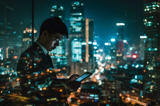 Double exposure of business and a city - Asian businessman using a digital tablet superimposed on a city skyline. Neural network generated image. Not based on any actual person or scene.