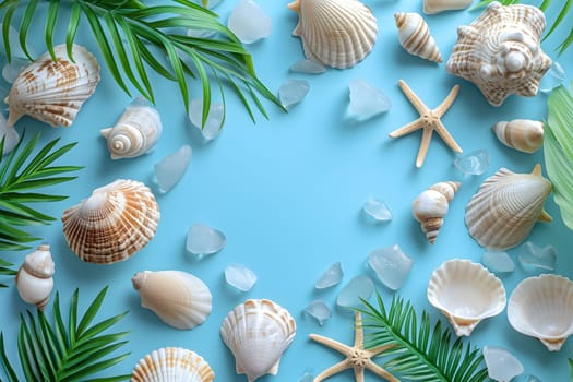 Seashells, pebbles, mockup on blue background. Blank, top view, still life, flat lay. Sea vacation travel concept tourism and resorts. Summer holidays. Neural network generated in January 2024. Not based on any actual scene or pattern.