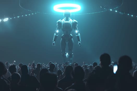 Cyber god in front of their adepts for artificial super intelligence encounter. Neural network generated image. Not based on any actual person or scene.