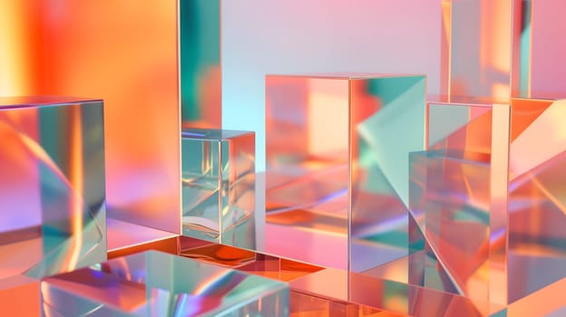 Abstract background of glass cuboids with bright pastel colorful light. Neural network generated in January 2024. Not based on any actual scene or pattern.