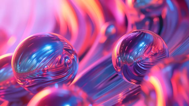 Abstract pink and cyan shiny bubble shapes background and wallpaper. Neural network generated in January 2024. Not based on any actual scene or pattern.