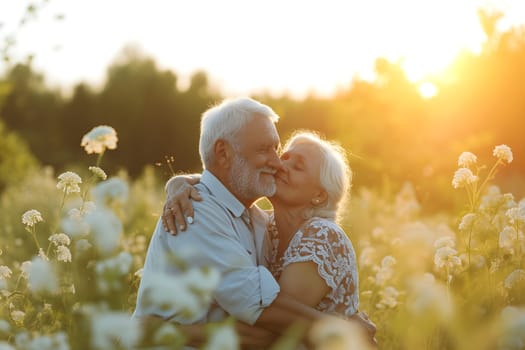 senior heterosexual Caucasian couple in beautiful summer nature. Neural network generated image. Not based on any actual scene or pattern.