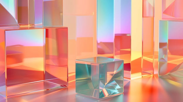 Abstract background of glass cuboids with bright pastel colorful light. Neural network generated in January 2024. Not based on any actual scene or pattern.