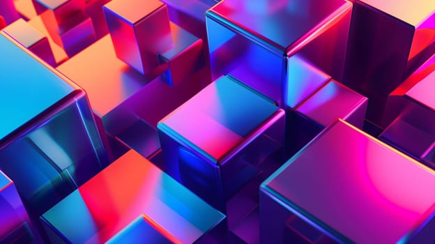 Abstract background of glass cubes with colorful orange and pink lighting. Neural network generated in January 2024. Not based on any actual scene or pattern.