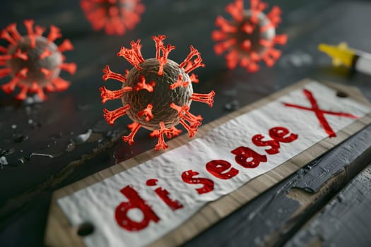 Disease X conceptual composition with coronaviruses for new pandemic topic. Neural network generated image. Not based on any actual scene or pattern.