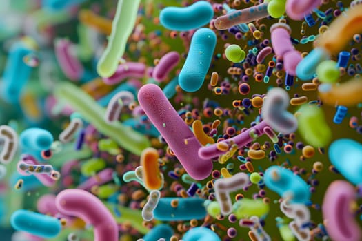 Diverse colorful abstract microbiome, containing many different types of microorganisms. Neural network generated in January 2024. Not based on any actual scene or pattern.