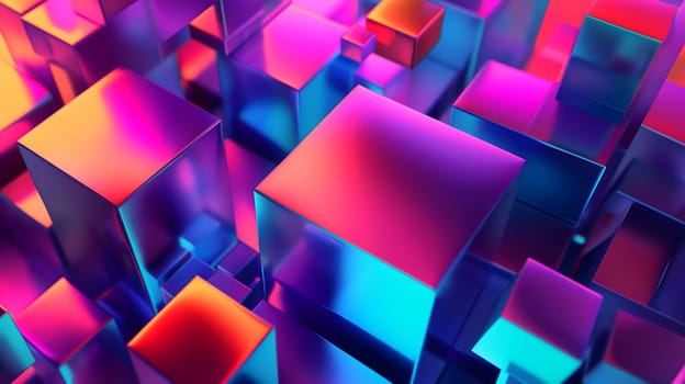Abstract background of glass cubes with colorful orange and pink lighting. Neural network generated in January 2024. Not based on any actual scene or pattern.